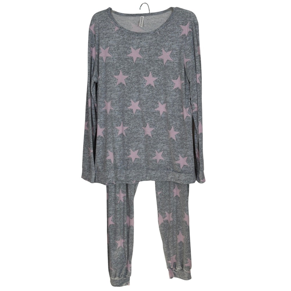 MINTREUS Pajama Set Women XL Grey Pink Star Print Loungewear Jogger Set